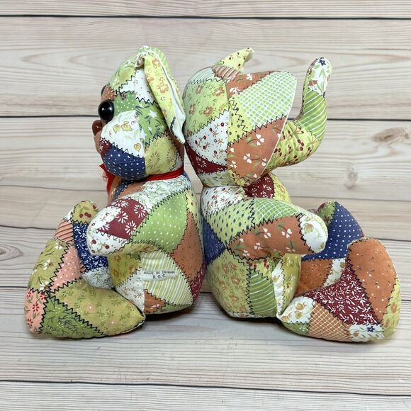 VTG 80s Faux Patchwork Quilt Bunny & Elephant 12” Stuffed Animal Plush Set of 2 - Picture 9 of 16